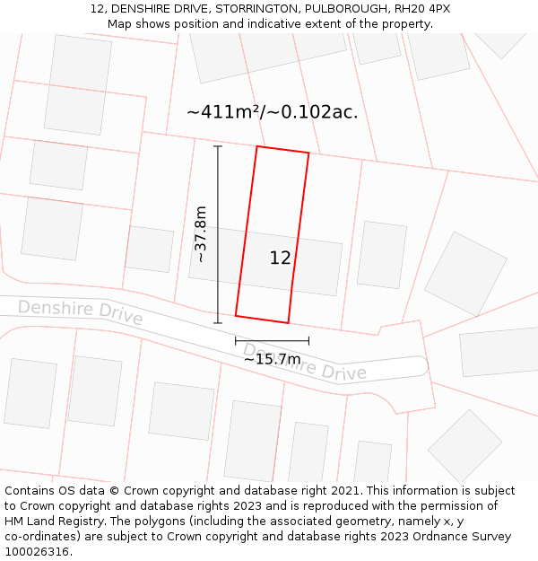 12, DENSHIRE DRIVE, STORRINGTON, PULBOROUGH, RH20 4PX: Plot and title map