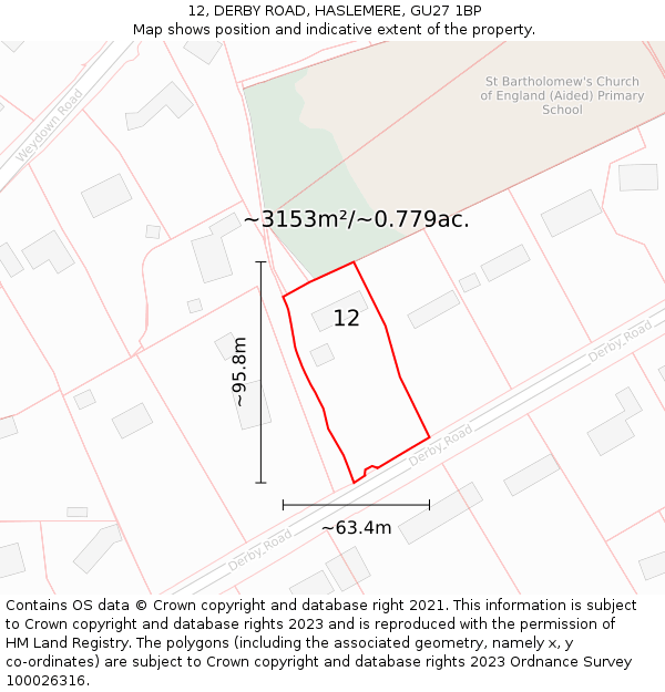 12, DERBY ROAD, HASLEMERE, GU27 1BP: Plot and title map