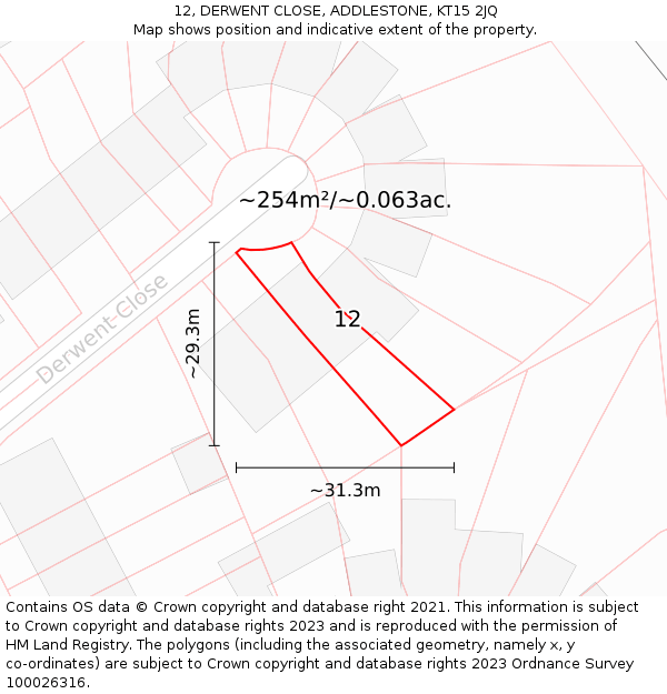 12, DERWENT CLOSE, ADDLESTONE, KT15 2JQ: Plot and title map