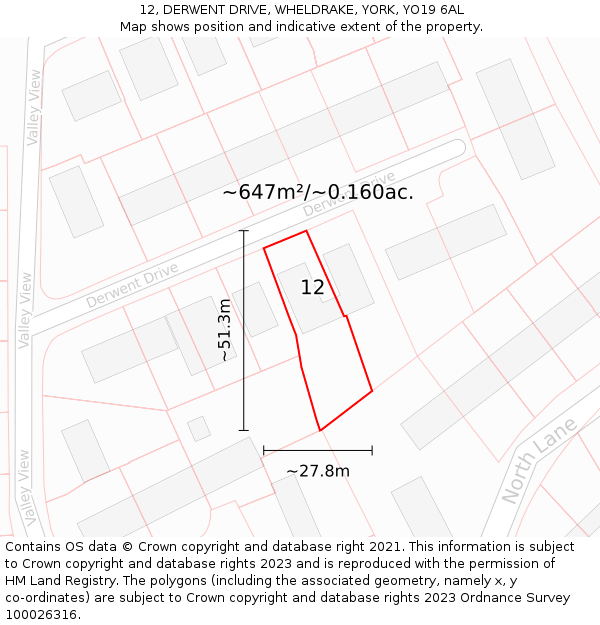 12, DERWENT DRIVE, WHELDRAKE, YORK, YO19 6AL: Plot and title map