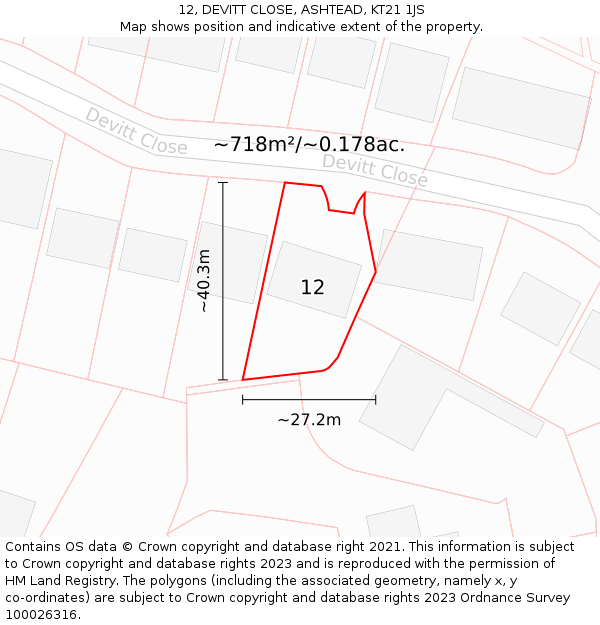 12, DEVITT CLOSE, ASHTEAD, KT21 1JS: Plot and title map