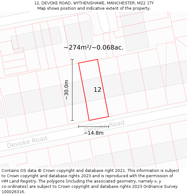 12, DEVOKE ROAD, WYTHENSHAWE, MANCHESTER, M22 1TY: Plot and title map