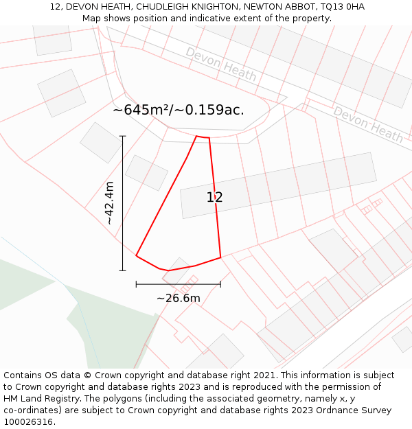 12, DEVON HEATH, CHUDLEIGH KNIGHTON, NEWTON ABBOT, TQ13 0HA: Plot and title map