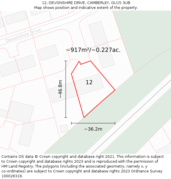 12, DEVONSHIRE DRIVE, CAMBERLEY, GU15 3UB: Plot and title map