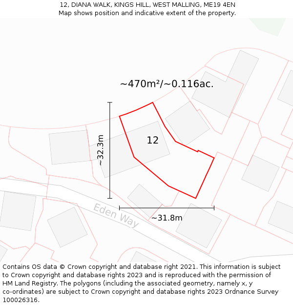 12, DIANA WALK, KINGS HILL, WEST MALLING, ME19 4EN: Plot and title map