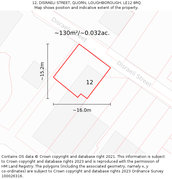 12, DISRAELI STREET, QUORN, LOUGHBOROUGH, LE12 8RQ: Plot and title map