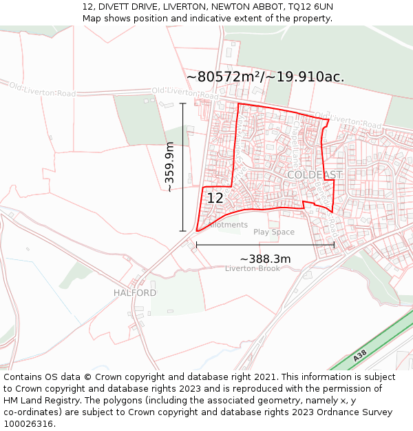 12, DIVETT DRIVE, LIVERTON, NEWTON ABBOT, TQ12 6UN: Plot and title map
