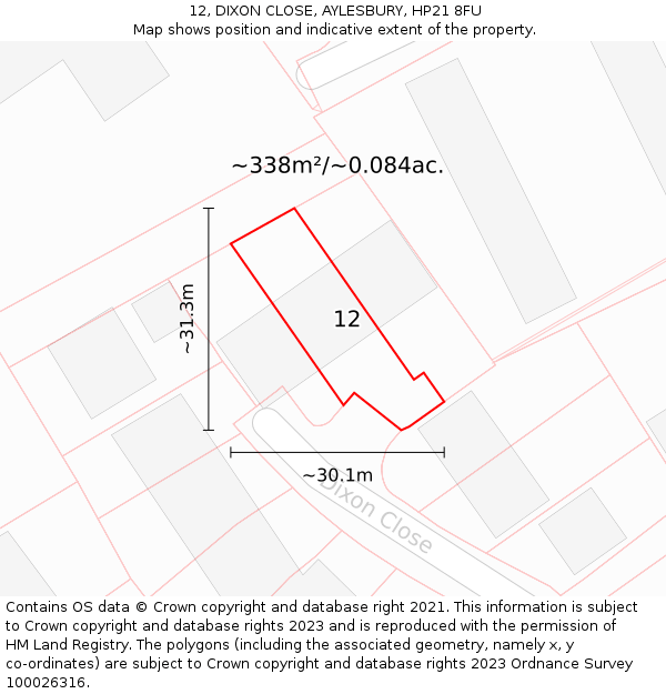 12, DIXON CLOSE, AYLESBURY, HP21 8FU: Plot and title map
