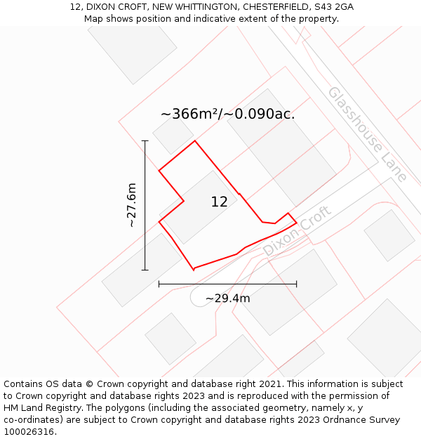 12, DIXON CROFT, NEW WHITTINGTON, CHESTERFIELD, S43 2GA: Plot and title map