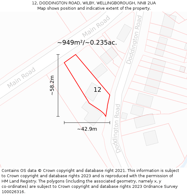 12, DODDINGTON ROAD, WILBY, WELLINGBOROUGH, NN8 2UA: Plot and title map