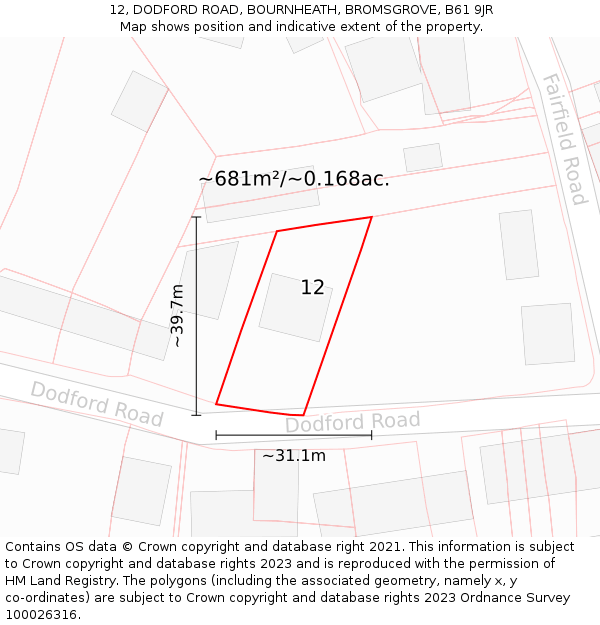 12, DODFORD ROAD, BOURNHEATH, BROMSGROVE, B61 9JR: Plot and title map