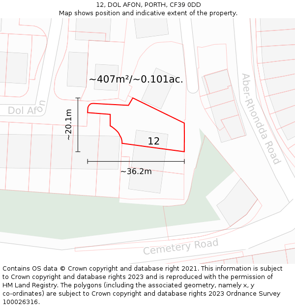 12, DOL AFON, PORTH, CF39 0DD: Plot and title map