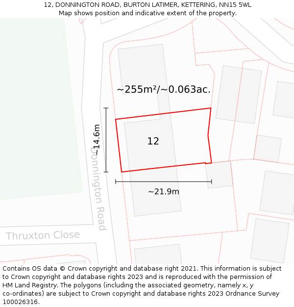12, DONNINGTON ROAD, BURTON LATIMER, KETTERING, NN15 5WL: Plot and title map