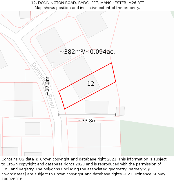 12, DONNINGTON ROAD, RADCLIFFE, MANCHESTER, M26 3TT: Plot and title map