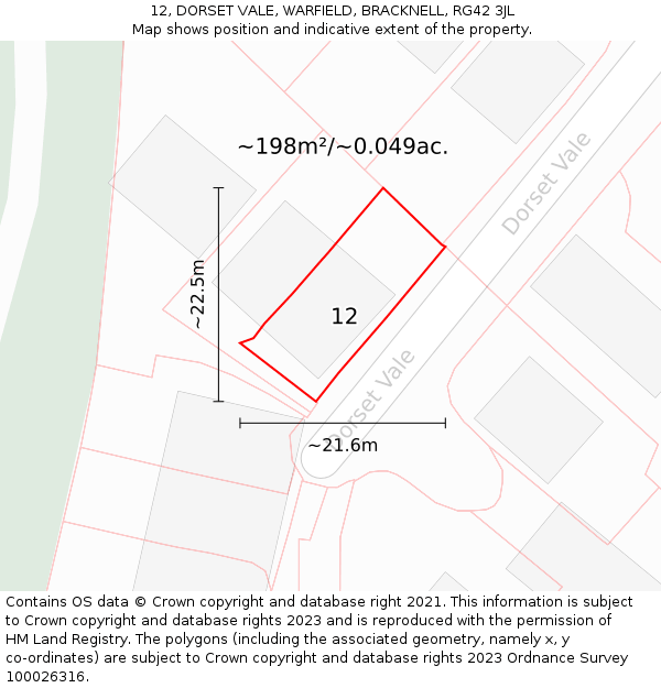12, DORSET VALE, WARFIELD, BRACKNELL, RG42 3JL: Plot and title map