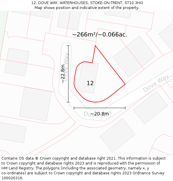 12, DOVE WAY, WATERHOUSES, STOKE-ON-TRENT, ST10 3HG: Plot and title map