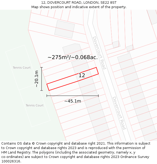 12, DOVERCOURT ROAD, LONDON, SE22 8ST: Plot and title map