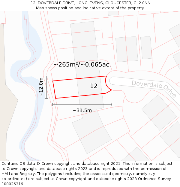 12, DOVERDALE DRIVE, LONGLEVENS, GLOUCESTER, GL2 0NN: Plot and title map
