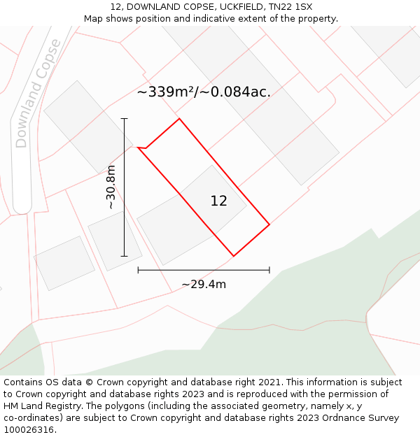 12, DOWNLAND COPSE, UCKFIELD, TN22 1SX: Plot and title map