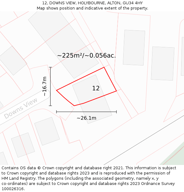 12, DOWNS VIEW, HOLYBOURNE, ALTON, GU34 4HY: Plot and title map