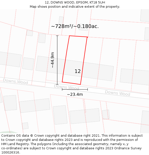 12, DOWNS WOOD, EPSOM, KT18 5UH: Plot and title map