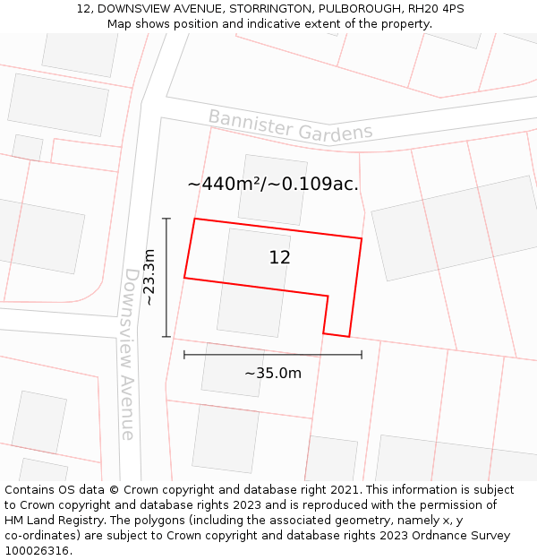 12, DOWNSVIEW AVENUE, STORRINGTON, PULBOROUGH, RH20 4PS: Plot and title map