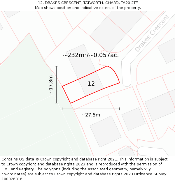 12, DRAKES CRESCENT, TATWORTH, CHARD, TA20 2TE: Plot and title map