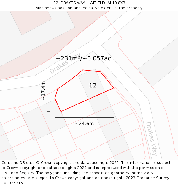 12, DRAKES WAY, HATFIELD, AL10 8XR: Plot and title map