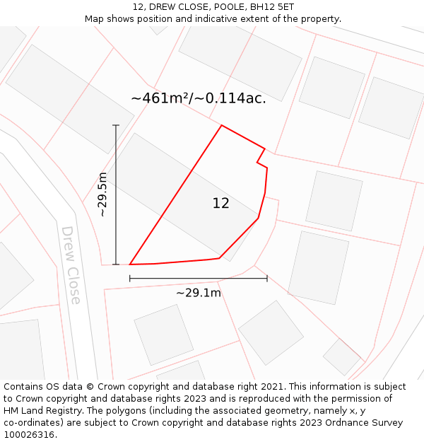 12, DREW CLOSE, POOLE, BH12 5ET: Plot and title map