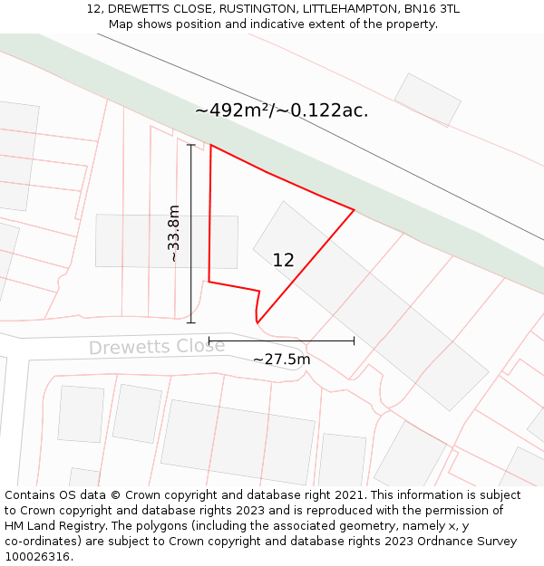 12, DREWETTS CLOSE, RUSTINGTON, LITTLEHAMPTON, BN16 3TL: Plot and title map