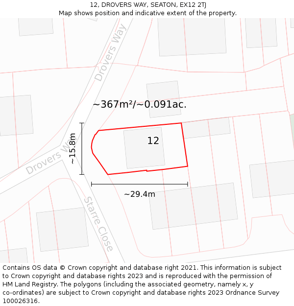12, DROVERS WAY, SEATON, EX12 2TJ: Plot and title map