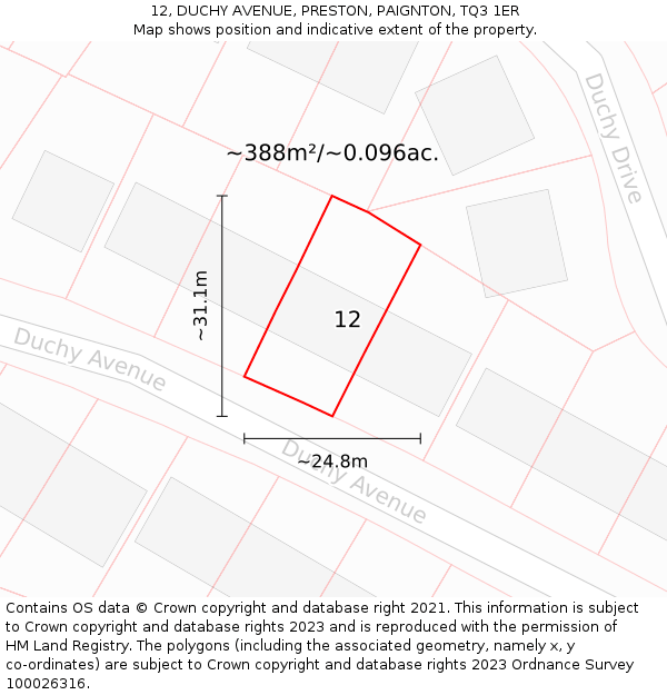 12, DUCHY AVENUE, PRESTON, PAIGNTON, TQ3 1ER: Plot and title map