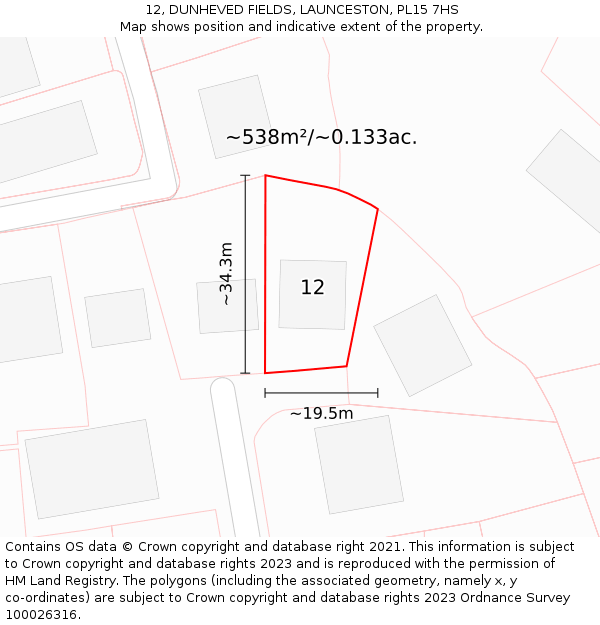 12, DUNHEVED FIELDS, LAUNCESTON, PL15 7HS: Plot and title map
