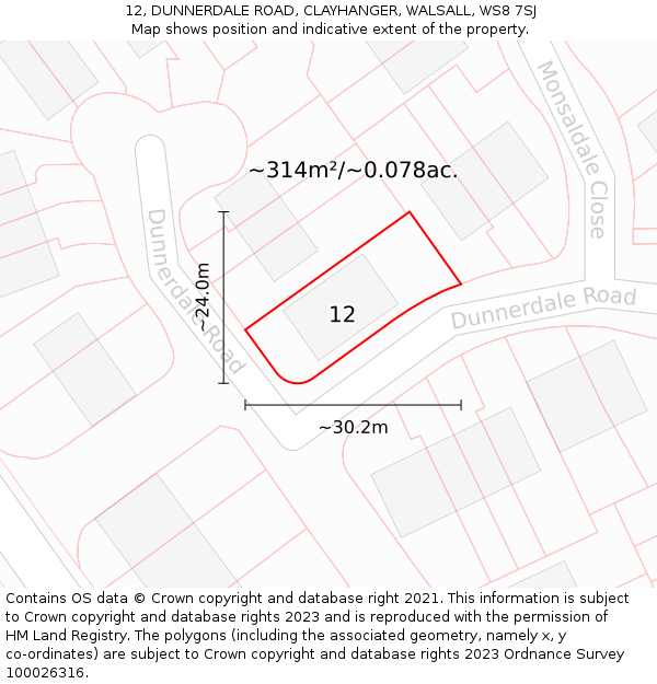 12, DUNNERDALE ROAD, CLAYHANGER, WALSALL, WS8 7SJ: Plot and title map