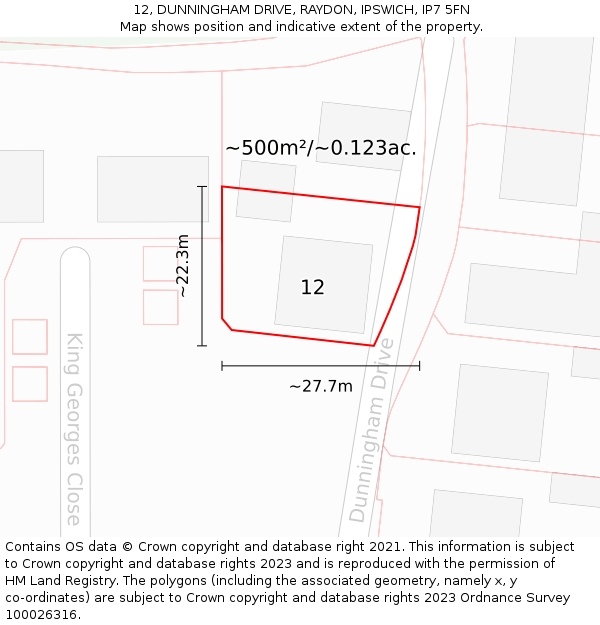 12, DUNNINGHAM DRIVE, RAYDON, IPSWICH, IP7 5FN: Plot and title map