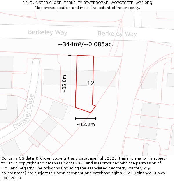 12, DUNSTER CLOSE, BERKELEY BEVERBORNE, WORCESTER, WR4 0EQ: Plot and title map