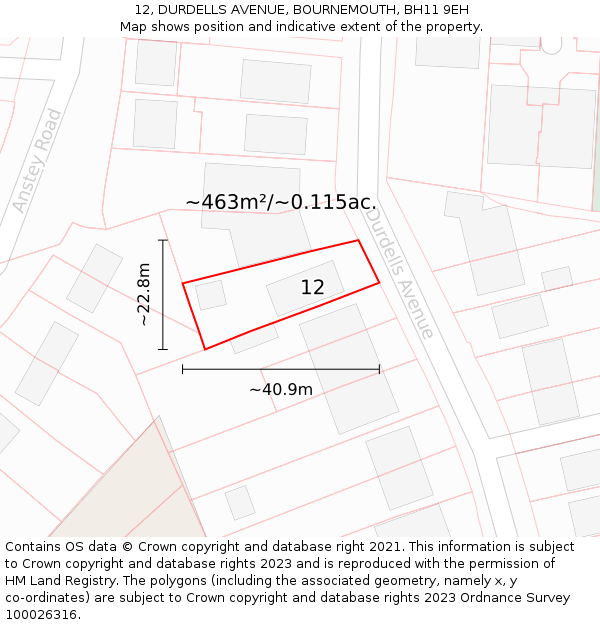 12, DURDELLS AVENUE, BOURNEMOUTH, BH11 9EH: Plot and title map