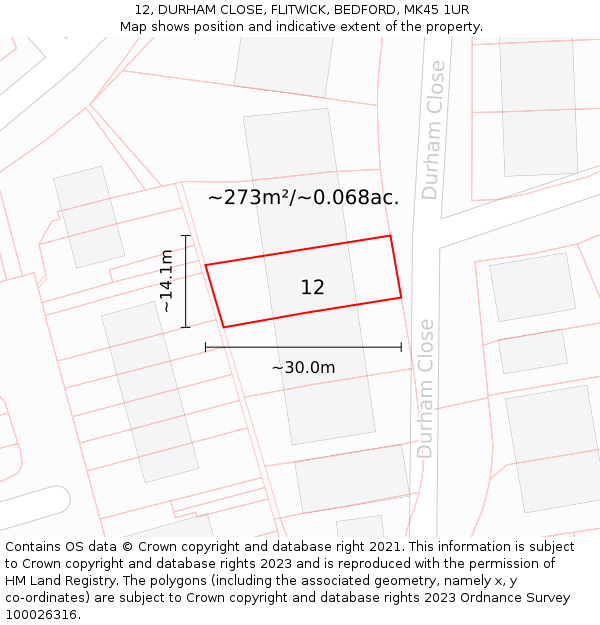 12, DURHAM CLOSE, FLITWICK, BEDFORD, MK45 1UR: Plot and title map
