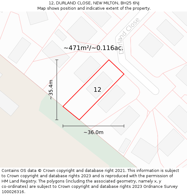 12, DURLAND CLOSE, NEW MILTON, BH25 6NJ: Plot and title map