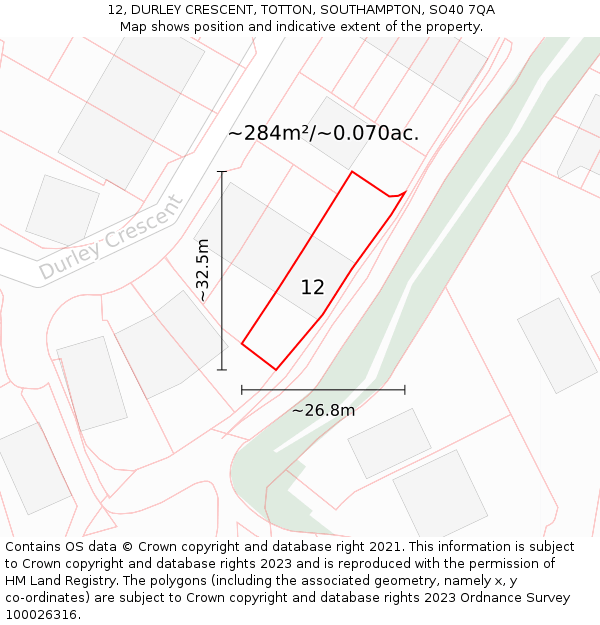 12, DURLEY CRESCENT, TOTTON, SOUTHAMPTON, SO40 7QA: Plot and title map