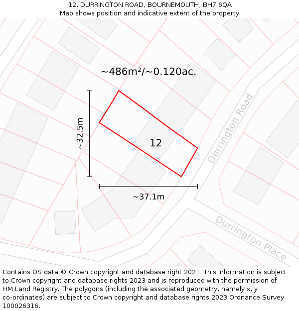 12, DURRINGTON ROAD, BOURNEMOUTH, BH7 6QA: Plot and title map