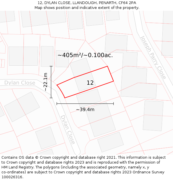 12, DYLAN CLOSE, LLANDOUGH, PENARTH, CF64 2PA: Plot and title map
