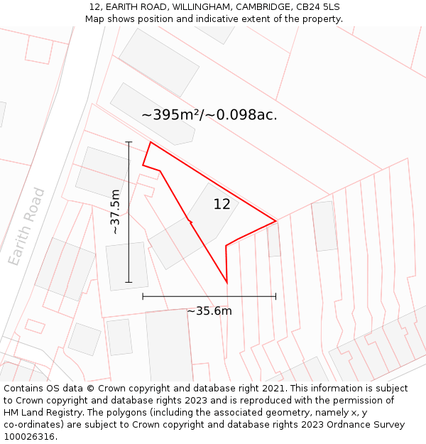 12, EARITH ROAD, WILLINGHAM, CAMBRIDGE, CB24 5LS: Plot and title map