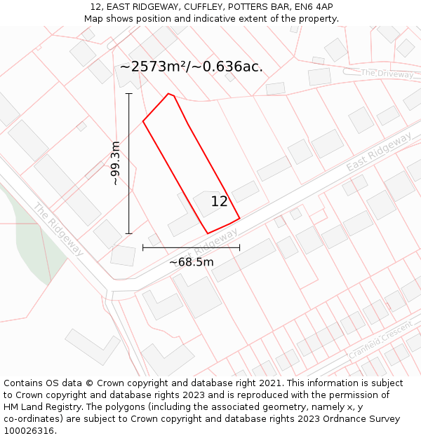 12, EAST RIDGEWAY, CUFFLEY, POTTERS BAR, EN6 4AP: Plot and title map