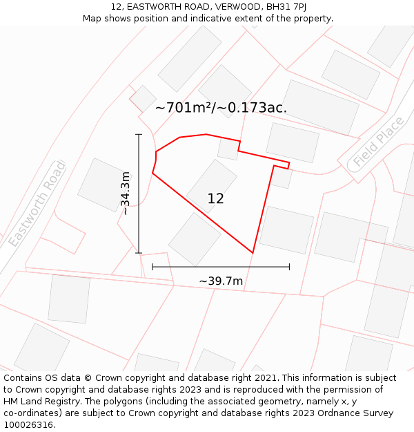 12, EASTWORTH ROAD, VERWOOD, BH31 7PJ: Plot and title map