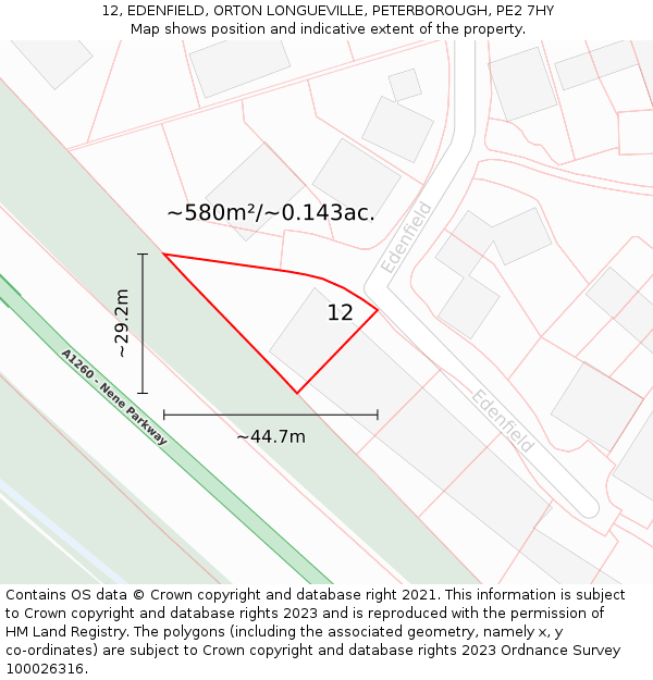 12, EDENFIELD, ORTON LONGUEVILLE, PETERBOROUGH, PE2 7HY: Plot and title map