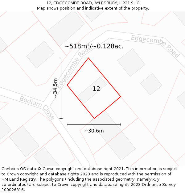 12, EDGECOMBE ROAD, AYLESBURY, HP21 9UG: Plot and title map