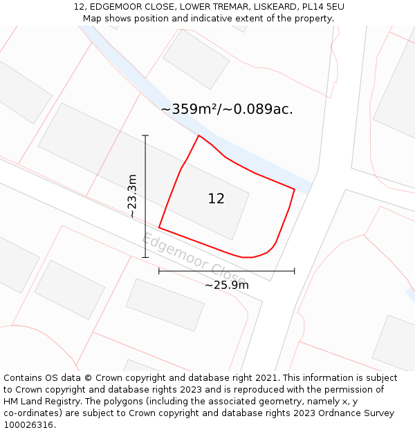 12, EDGEMOOR CLOSE, LOWER TREMAR, LISKEARD, PL14 5EU: Plot and title map