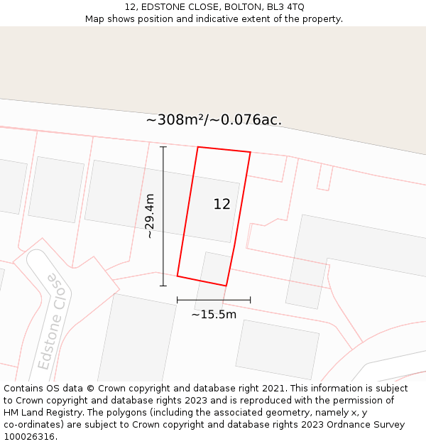 12, EDSTONE CLOSE, BOLTON, BL3 4TQ: Plot and title map