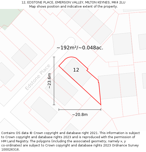 12, EDSTONE PLACE, EMERSON VALLEY, MILTON KEYNES, MK4 2LU: Plot and title map